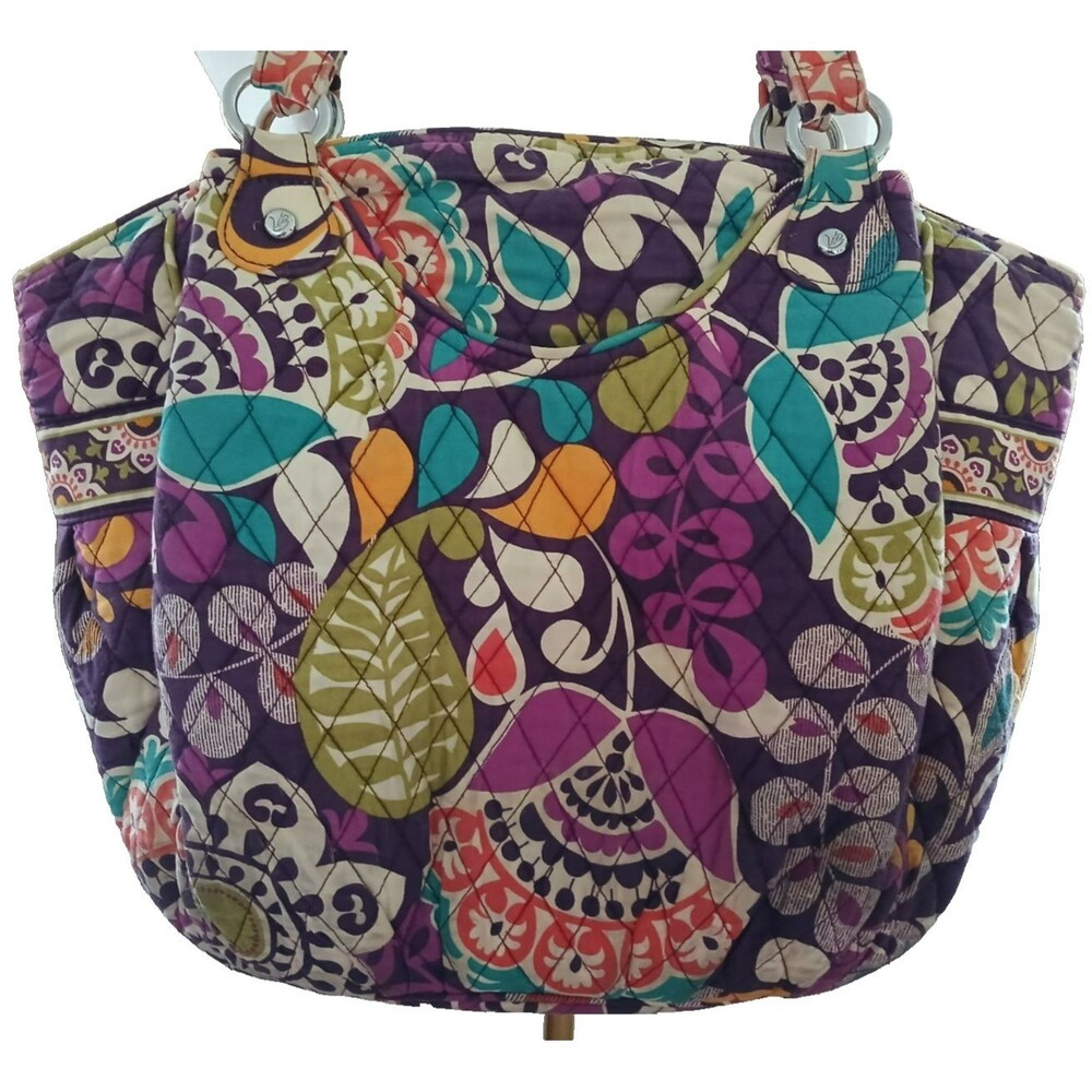 Vera Bradley Plum Crazy Floral Shoulder Bag Quilted Purse Front & Back Pocket - Picture 2 of 16